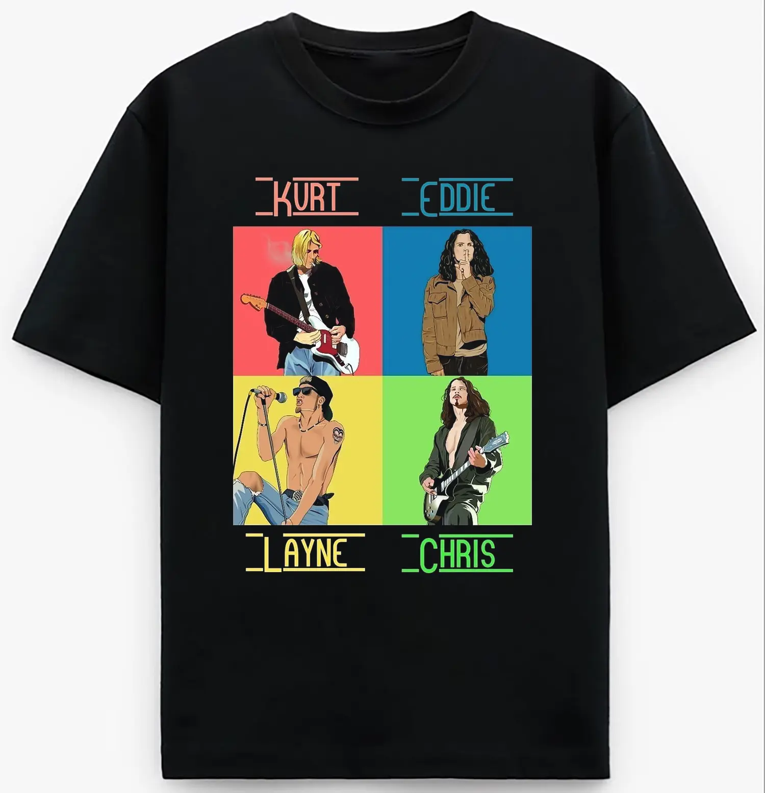 Grunge Legends Kurt Eddie Layne Chris Pop Color Tribute Rock Quartet Memorabilia Tee for Alternative Vibes Shirt