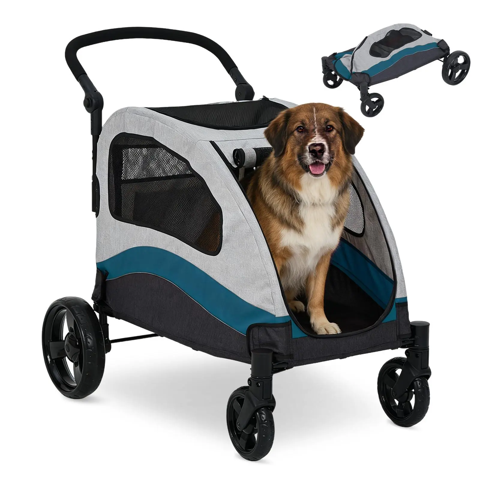 Extra Large Dog Stroller for Big Dogs Up to 88 Lbs – Heavy Duty Pet Stroller with 360° Swivel Wheels & Shock Absorption, Removable Washable Pad, Foldable Design for Travel, Vet, Hiking, and Shopping,Green
