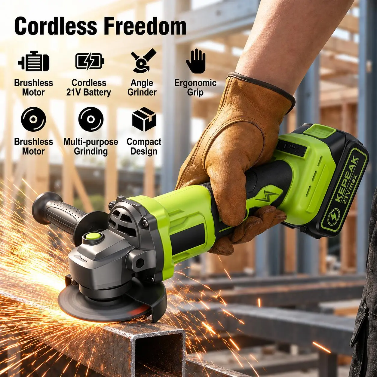 Toolupgrade Cordless Angle Grinder 21V 5in Power Kit, Electric, Brushless Motor, 2x 4.5Ah Batteries, Adjustable Rubber Handle, 7500 RPM Max Speed, Protective Cover, for Metal Grinding, Polishing & Cutting Tasks, Tool Box
