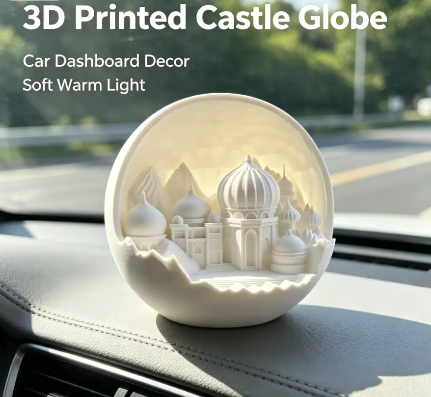 3D Printed Castle Globe Car Dashboard Decor - Warm Light PLA Lightweight Resin Ornament, Creative Mini Architecture Fidget Stress Relief Display, Car Interior Gift for Drivers #CarAccessories #DashboardDecor #3DPrintedArt