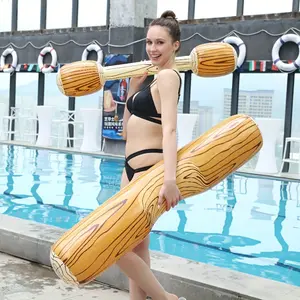A Set of Inflatable Wood-grain Knock-down Water Rafts and Swimming Rings for Pool Parties