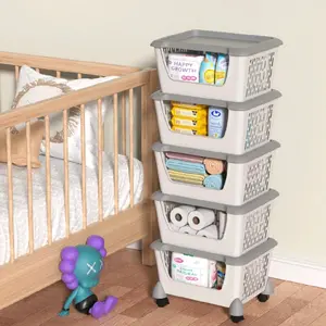Cand 5Tiers Plastic Stackable Storage Basket Rack W/ Wheels Rolling Utility Cart