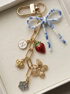 Girly Pop Charm Keychain | Strawberry + Bow + Initial