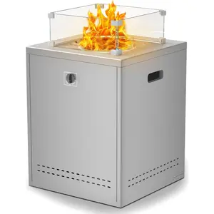 R.W.FLAME 20" Square Propane Fire Pit Table With Lava Rock/Windshield for 20lbs Gas Tanks, Outdoor for Camping/Courtyard/Garden, Grey