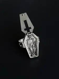 Gothic Skull Ring, Creative Open Design, Coffin Cross Pendant, Unique Fashion Accessory, Perfect for Gothic Style Lovers