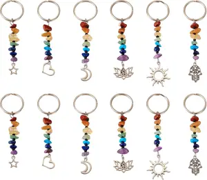 Pandahall 24Pcs Natural Gemstone Pendants Healing Crystals Chips Gemstone Keyring Star Moon Heart Charms Crystal Stone Keychain 6 Styles for Car Key Bag ecoration