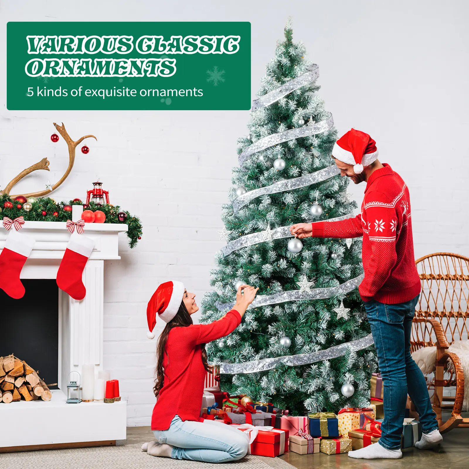 7.5ft Snow-Tipped Christmas Tree with 350 Warm LED Lights, Remote Control, Silver Ribbon Ornaments & Fence Tree Skirt, Full PVC Hinged Xmas Tree