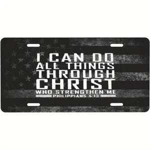 6x12inch Aluminum Philippians 4:13 Bible Verse License Plate Frame - Retro Christian Faith Religious Decorative Front License Plate Cover, with American Flag Design, Car Exterior Accessories |     Inspirational Quotes Board |     Durable Metal Plate Frame