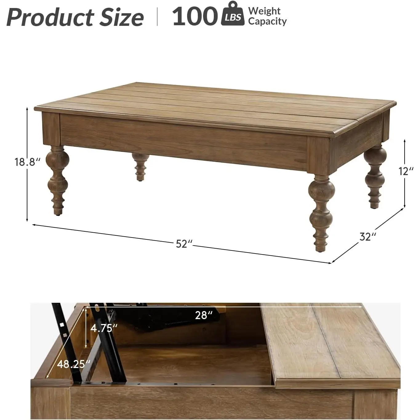 HULALA HOME Wood Lift Top Coffee Table with Storage, Farmhouse Convertible Dining Table for Living Room, Large Rectangle Rustic Central Table with Hidden Compartment, Acorn