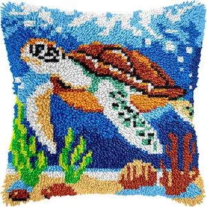 Sea Turtle Latch Hook Pillow Kits for Adults Beginners Ocean Animals DIY Throw Pillowcase Kit with Soft Backing Pre-Printed Mesh Rug Making Kits Needlework Cushion for Home Sofa Decoration 17x17 in.