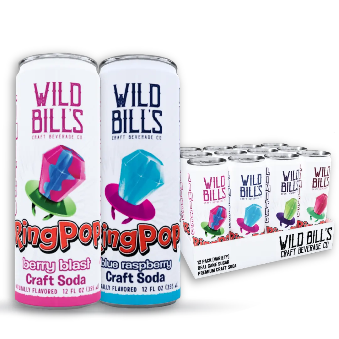 Wild Bill’s Craft Soda Variety Pack – Ring Pop Soft Drinks – Watermelon, Strawberry, Berry Blast & Blue Raspberry – Pure Cane Sugar, No HFCS, Caffeine Free, Vegan, Gluten Free - 12 Oz Cans 12 Pack Beverage
