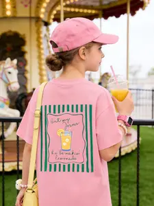 Oversized Pink Kids "Life Makes Lemonade" Graphic Tee, Funny Graphic Tee, Cute Lemonade & Green Stripe Print, Coquette Preppy Aesthetic for Amusement Park, Summer & Daily OOTDs, Sweet Girly Vibe