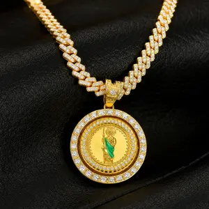Hip Hop Rotating Cuban Chain Necklace • Bling Iced Out Spinner Pendant • Gold Plated Religious Jewelry Gift for Men