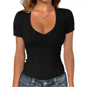 Women's V Neck Short Sleeve T-Shirts, Slim Fit Summer Spring Going Out Fashion Basic Casual Tops Womenswear Streetwear Minimalist Shortsleeve