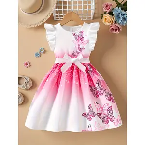 Girls' Fashion Round Neck Flutter Sleeve Ruffle Butterfly Placement Digital Print Princess Style Gradient Butterfly Dress, Suitable for Holidays, Vacations, and the Beach