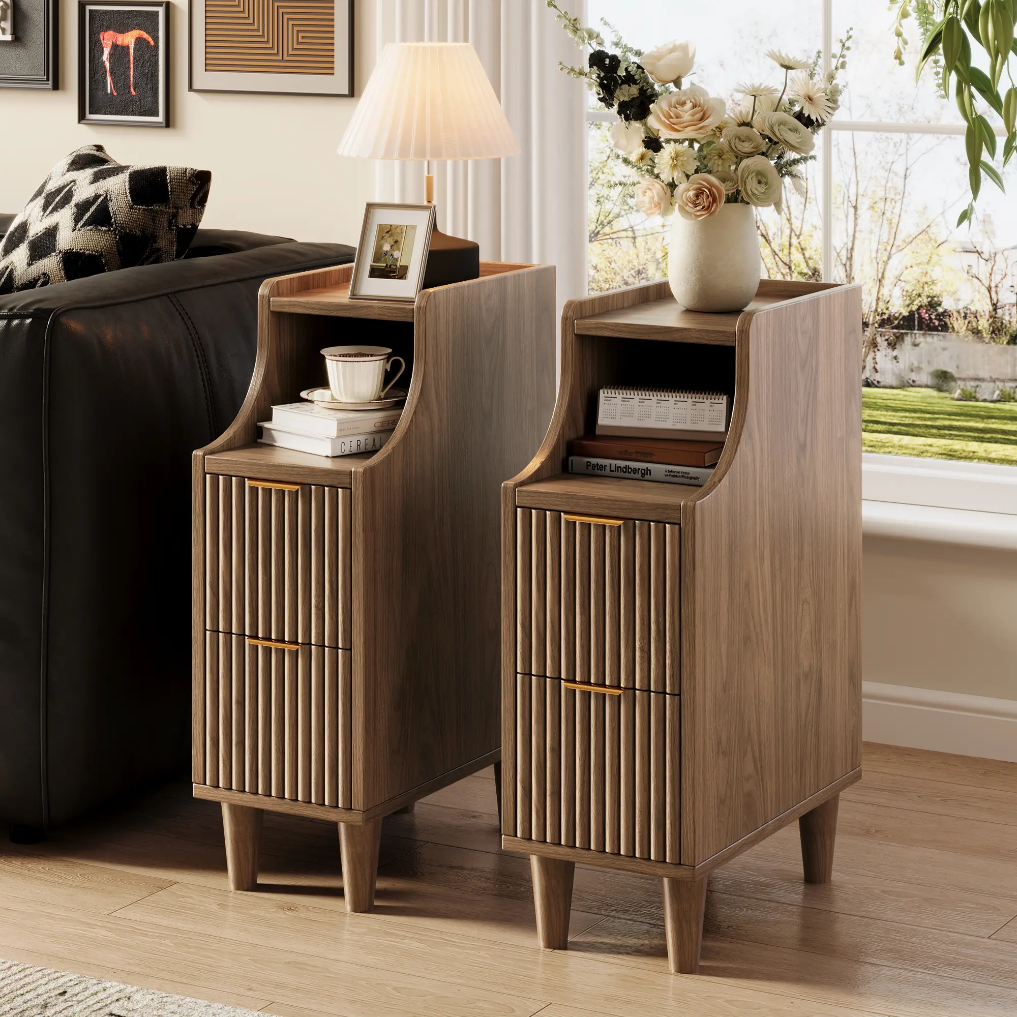 Oxirth Fluted Nightstands Set of 2, Narrow Bedside Table with 2 Drawers & Storage, Farmhouse Walnut End Table Modern Side Table for Bedroom Living Room Sofa Office