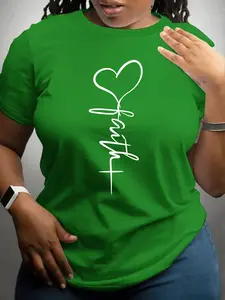 Women's Plus Size Heart Letter Print Round Neck T-Shirt, Casual Fitted Short Sleeve Top, Spring Summer Fashion Womenswear Clothing