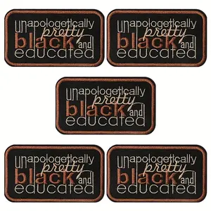 5 Pcs Black Geometric Slogan Letter Embroidery Iron-On Patches, Heat-Seal Glue Educational Heat Transfer Sewing Accessories for DIY Clothing Decoration