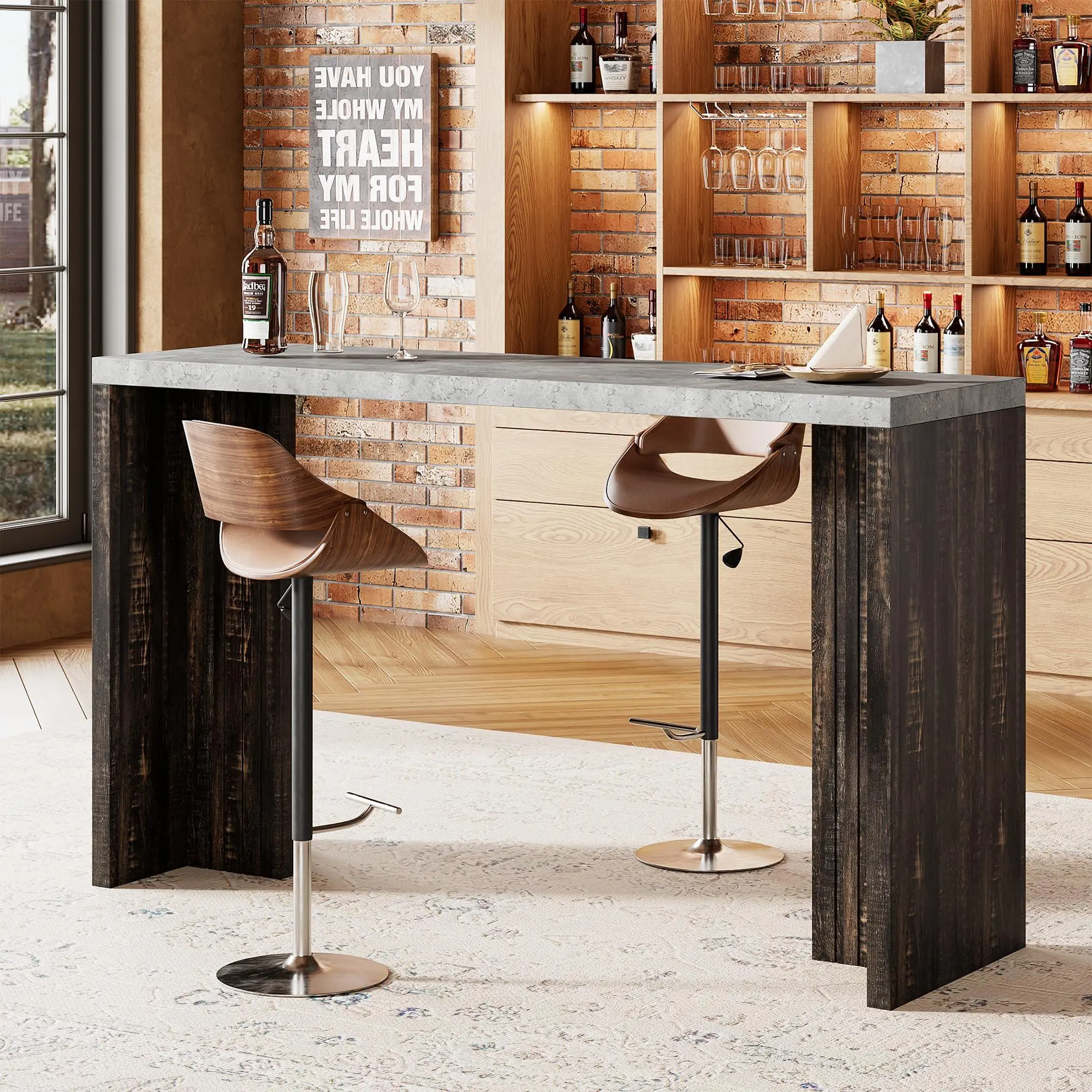 Garvee Gray & Brown Modern Counter Height Bar Table - 55” Long, 4-6 Seats, Thick Top, Rectangular Pub Unit for Kitchen, Dining Room, Basement