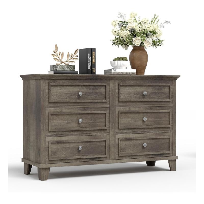 Farmhouse Dresser for Bedroom with 6 Drawer Double Dresser TV Stand with Vintage Handle Wide Wood Dressers Chests of Drawers 6 Drawer Dressers for Bedroom Living Room Hallway-Grey