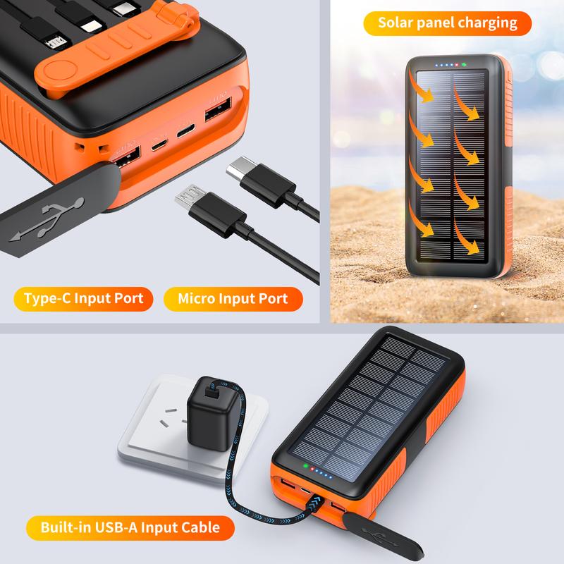 Solar Charger Power Bank 63200mAh Portable Dual Outputs Dual Inputs 4 LEDs Flashlight Hand Crank Solar Charging Fast Charging Battery Pack for Outdoor Camping Emergency Gear