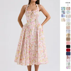 Women's French Countryside Floral Dress – Halter Neck Sweetheart Ruched Waist A Line Mini Dress, Princess Vibe for Date Night, Birthday Party & Travel, & Curvy with Soft Filter Look
