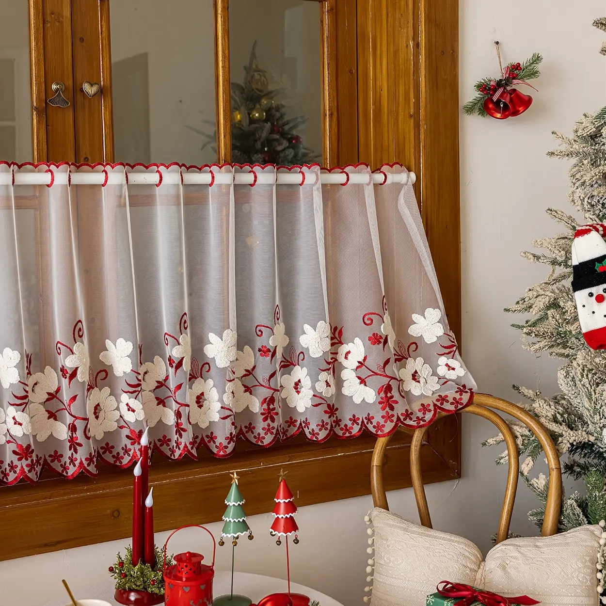 Vintage Farmhouse Half-Transparent Curtain Panel, Rod Pocket Design, Light Filtering for Kitchen & Dining Room Decor, Window Cafe Curtains, Home Decoration Curtain, Easy Install Curtain, Home Decorative Curtain