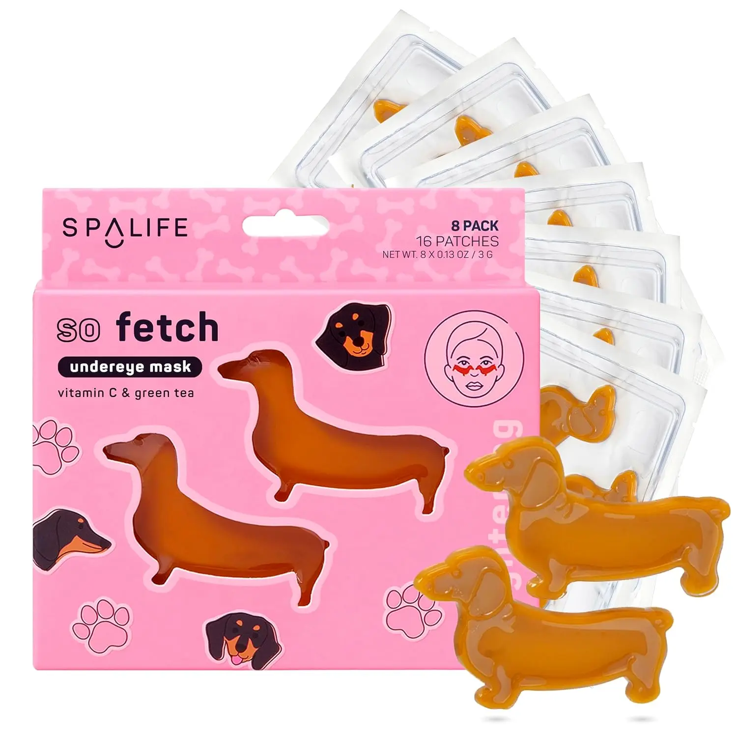 SpaLife So Fetch Hydrogel Under Eye Patches for Dark Circles | Dachshund Under Eye Patches for Puffy Eyes | Weiner Dog Undereye Bags and Puffiness Removal | Bachelorette Party Favors | 8 Pairs