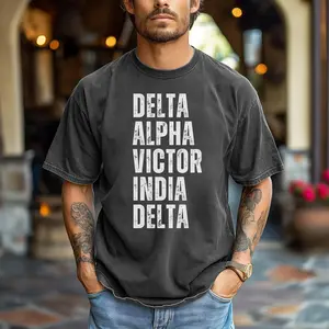Men’s Vintage Washed David NATO Phonetic Code T Shirt Distressed Vertical Letter Print Military Radio Alphabet Graphic Short Sleeve Tee