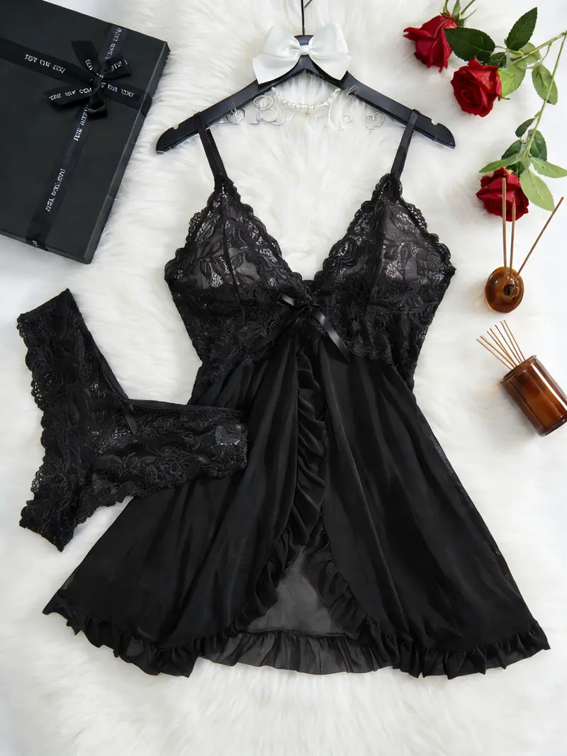 black lace sleep dress Black 1950s Sheer Floral Lace Deep-V Slit Nightgown