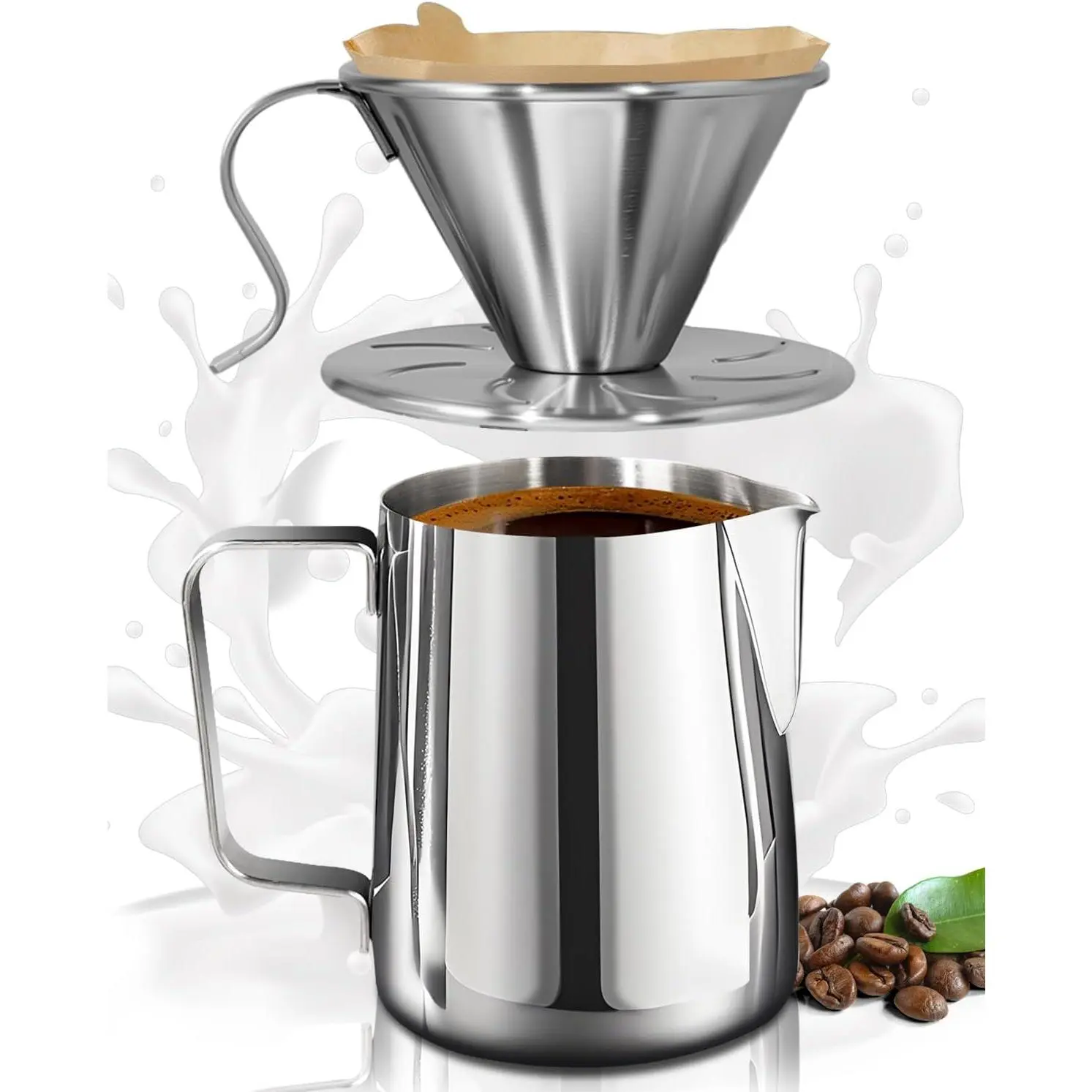 Pour Over Coffee Dripper 11.8oz (1-2 Cup)-304 Stainless Steel  50 Disposable Filter Papers