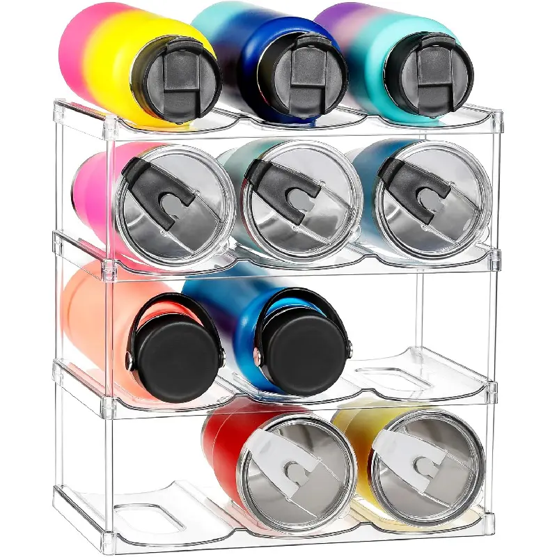 4 Tier Stackable Clear Water Bottle Organizer Storage Rack Holds 12 Large Tumblers Compatible For Stanley Cups Multi Compartment Cup Holder Wine Rack For Cabinet Countertop Fridge Pantry Kitchen Shelf Space Saving Home Drink Storage Organizer