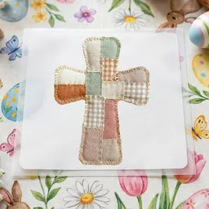 SEO-Focused: Muted Earthy Patchwork Cross DTF Transfer - Faux Quilt Easter Heat Transfer - Ready to Press / Direct to Film / Hot Peel / Multiple Size Options