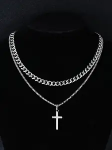 2pcs Men's Punk Cross Pendant Necklace, Hip Hop Stainless Steel Chain Necklace for Men, Cross Charm Necklace, Fashion Jewelry for Party, Daily Clothing Decor, Trendy All-match & Exquisite Jewelry for Birthday Gift