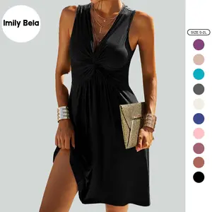 Imily Bela Women's V Neck Front Knotted Sleeveless Tank Dress Summer Solid Casual A Line Dress