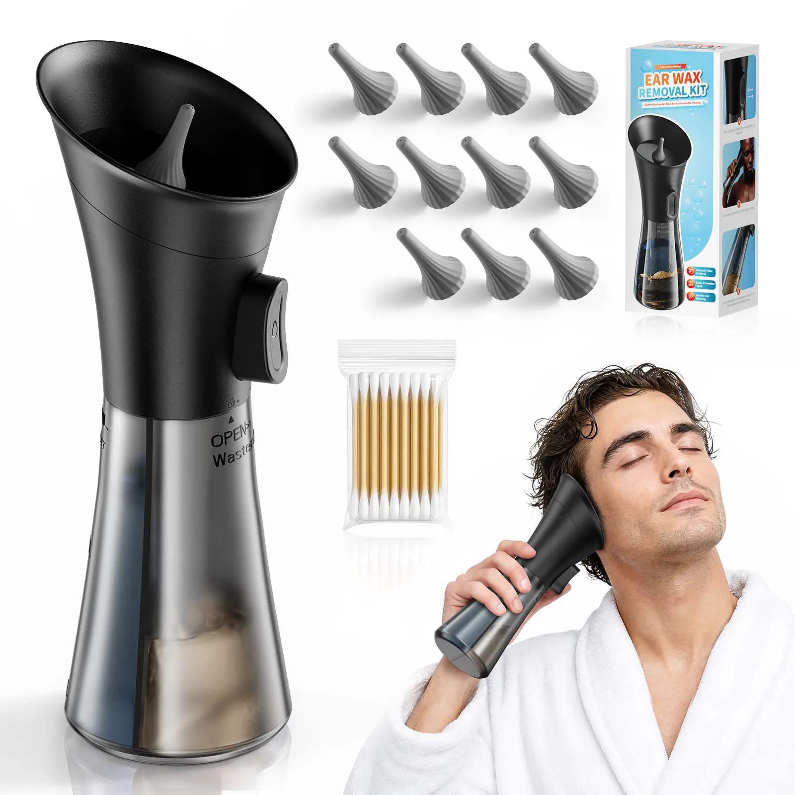[backtoschool]Manual 1-Handed Earwax Removal Set with Water Irrigation, 2-in-1 Drainage Tank, 3 Nozzle Attachments, Safe Ear Cleaner for Adults and Children