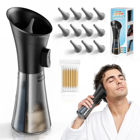 Manual 1-Handed Earwax Removal Set with Water Irrigation, 2-in-1 Drainage Tank, 3 Nozzle Attachments, Safe Ear Cleaner for Adults and Children