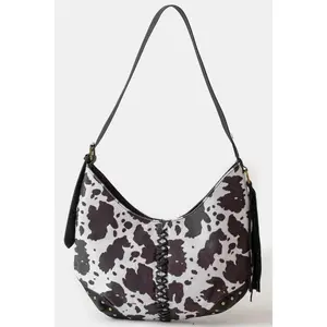 Fame Cow Print Hobo Shoulder Bag with Studded Details