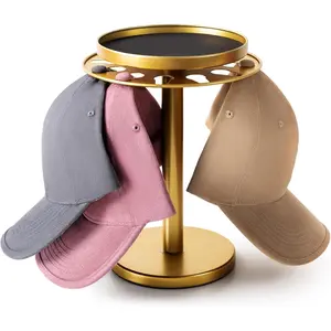 360? Rotating Hat Organizer for Baseball Caps, Stainless Steel Hat Rack Holder with Top Storage Tray for Small Essentials, Ball Cap Storage Organizer for Closet, Entryway, Display ()
