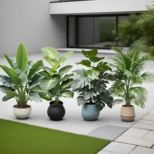 Large Artificial Plants Set, 4-Piece Fan Palm Trees with 48 Large Leaves, Indoor Outdoor Decor Fake Plant Decoration for Office Hotel Garden Wedding