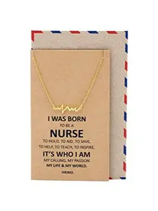Quan Jewelry EKG Heartbeat Necklace, Lifeline Pulse Pendant, Female Nurse RN Nursing School Graduation Gifts with Greeting Card (Gold Tone)