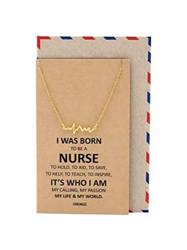 Quan Jewelry EKG Heartbeat Necklace, Lifeline Pulse Pendant, Female Nurse RN Nursing School Graduation Gifts with Greeting Card (Gold Tone)