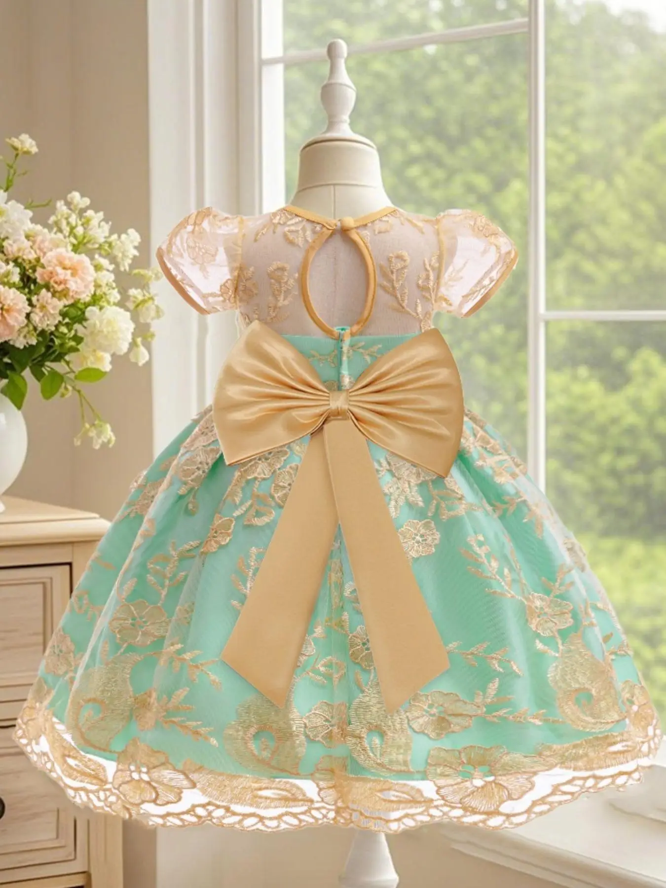 Toddler Girl's Floral Embroidery Sweater Dress, Elegant Contrast Mesh Puff Sleeve Dress for Party Wedding Guest, Kids Clothes for Spring & Fall