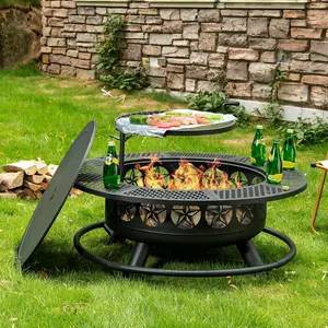 42 Inch BBQ Fire Pit with Grill, Large Outdoor Wooding Burning Fire Pit for Camping,Picnic,Bonfire,3-In-1 round Metal Table with Lid for Backyard,Outside,Patio Verdeluxe