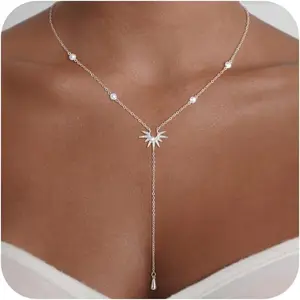 Long Necklaces for Women, 14k Gold Plated/Streling Silver Lariat Necklace Dainty Statement Prom Necklace Rosary Cross Sun Drop Pendant Dangle Necklace Gold Prom Jewelry for Women Gifts