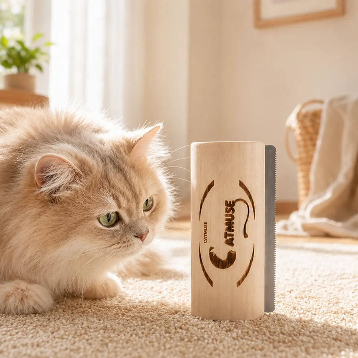 5-Inch Deshedding Brush with Wooden Handle - Stainless Steel Blade Pet Grooming Tool for Feline Fur Removal, Essential for Cat Owners