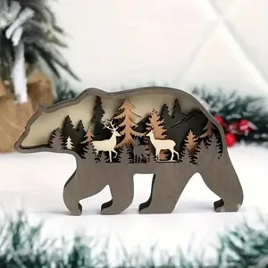 Wooden Bear Design Ornament, 3D Holiday Wall Decor, Rustic Bear with Forest Animals Design Ornament, Home & Kitchen Ornament
