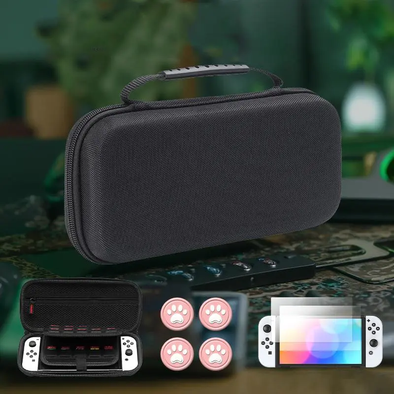 Storage Bag Set for Nintendo Switch, Including Storage Bag & Game Console Protective Case & Tempered Film & Joystick Cap, Console Accessories for Nintendo Switch