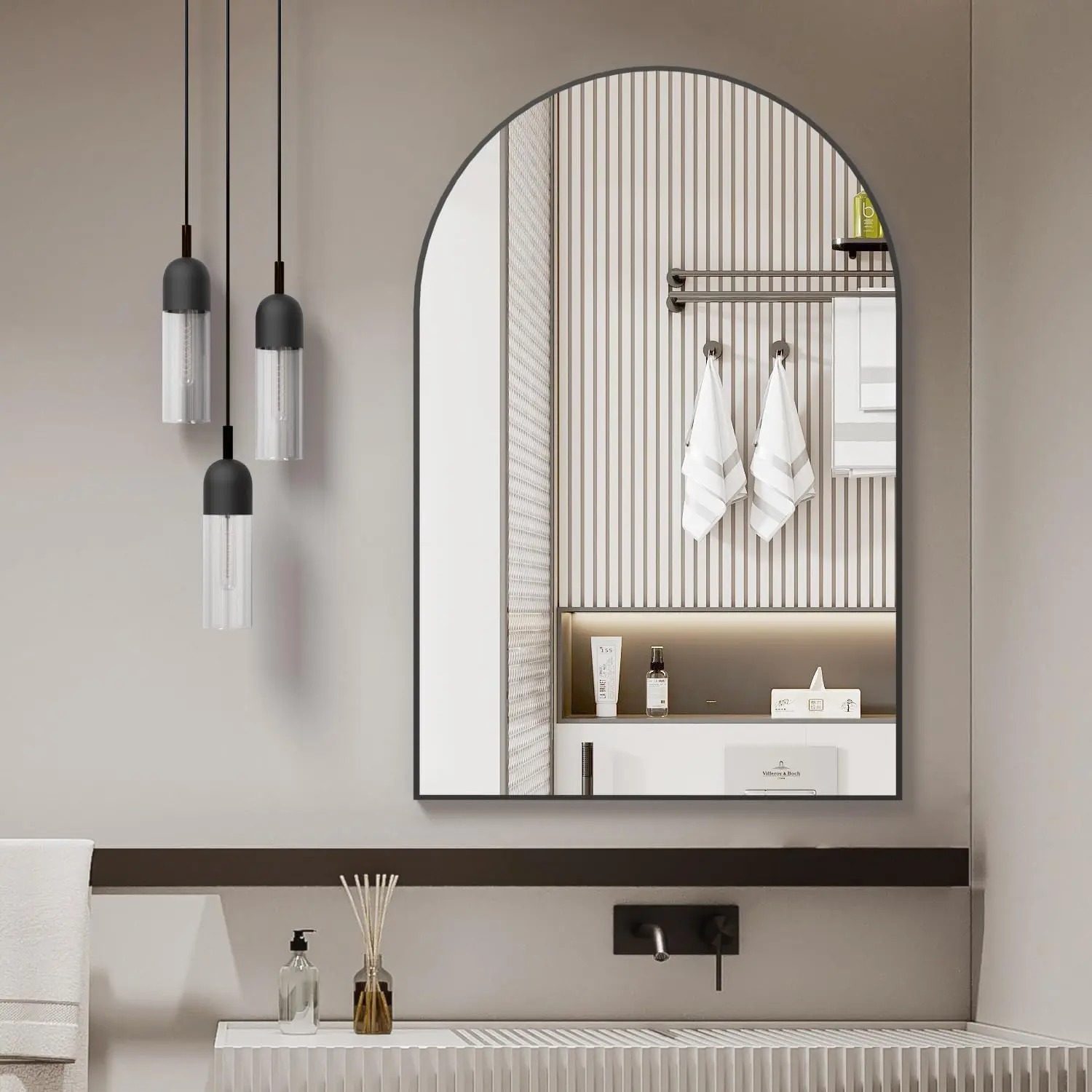 Arched Bathroom Mirror, 24x32 Inch, Black Metal Frame, HD Glass, Shatterproof, Modern Design