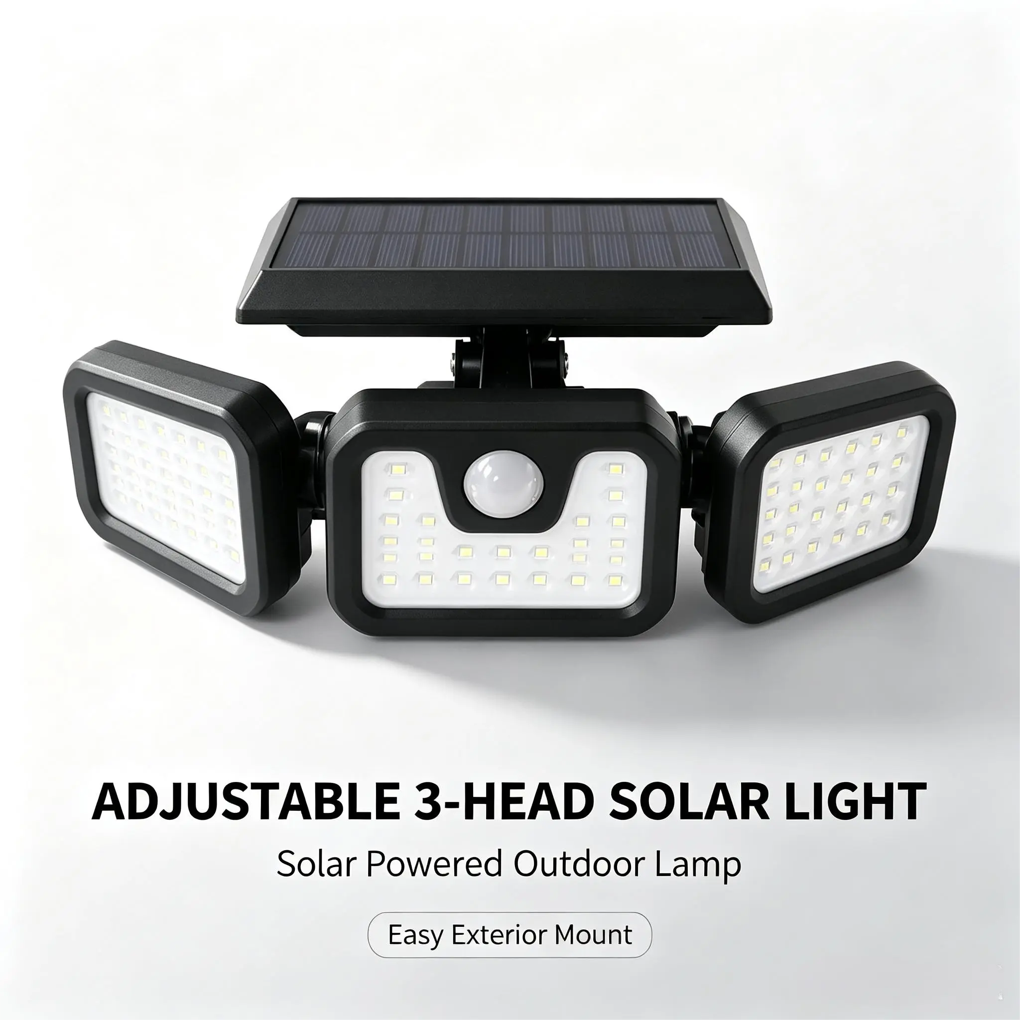 2-Pack Solar LED Outdoor Flood Lights - 3 Adjustable Rotatable Lamp Heads, Motion Sensing Fixture, Weather Resistant, No Hard Wiring, Led Lighting with Wide Coverage for House, Backyard, Garage, Wall Mount, Automatic, Durable, Waterproof